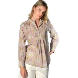 Matta Cotton Top Shirt Womens Medium Cream Yellow Floral Long Sleeve Blouse Boho
